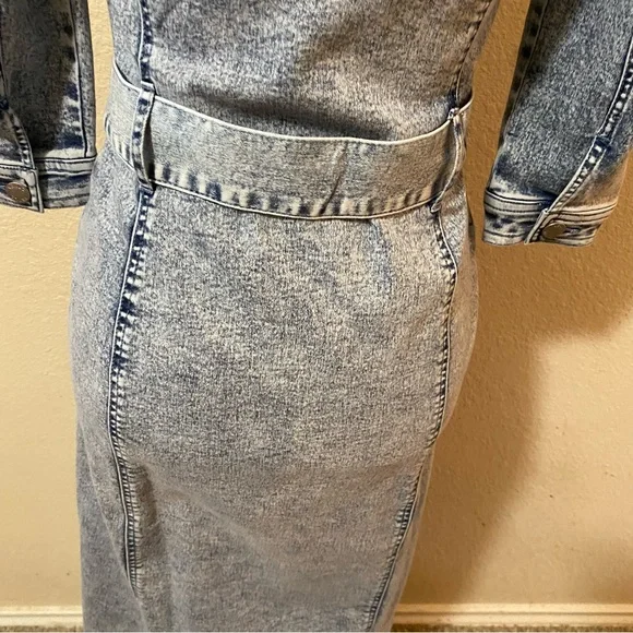 VENUS Button Front Light Blue 1/2 Sleeve Midi Denim Tie Waist Dress Size 2 - Picture 8 of 14